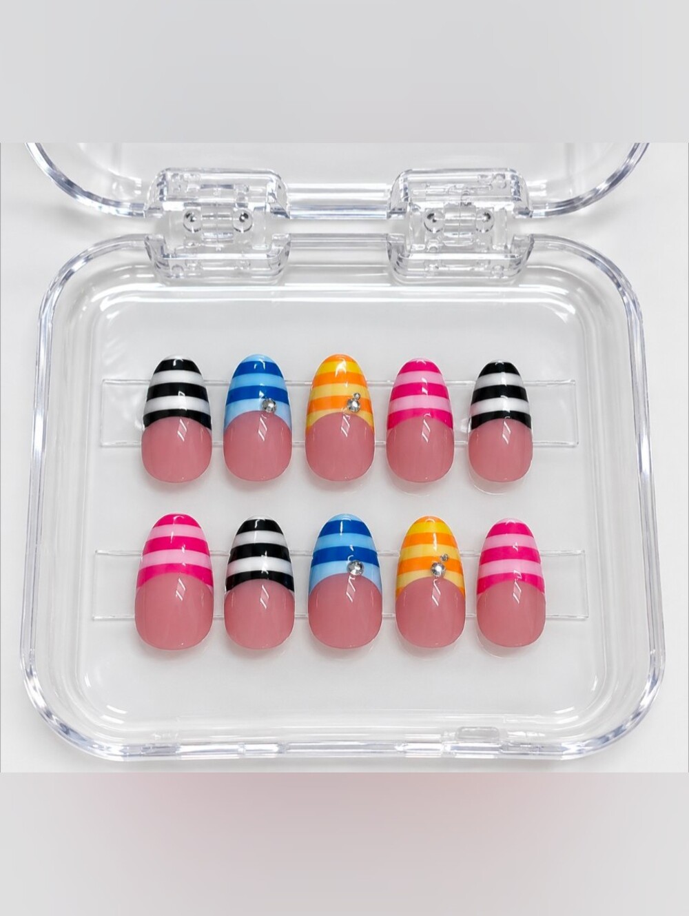 Clear Stripe Multi-Color Press-On Nail Set - Pink Base
